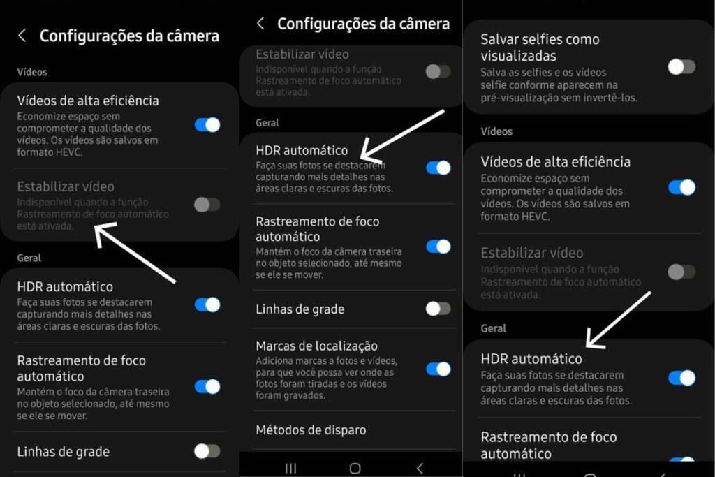 Como melhorar as fotos do celular Android: Mostrando as configurações.